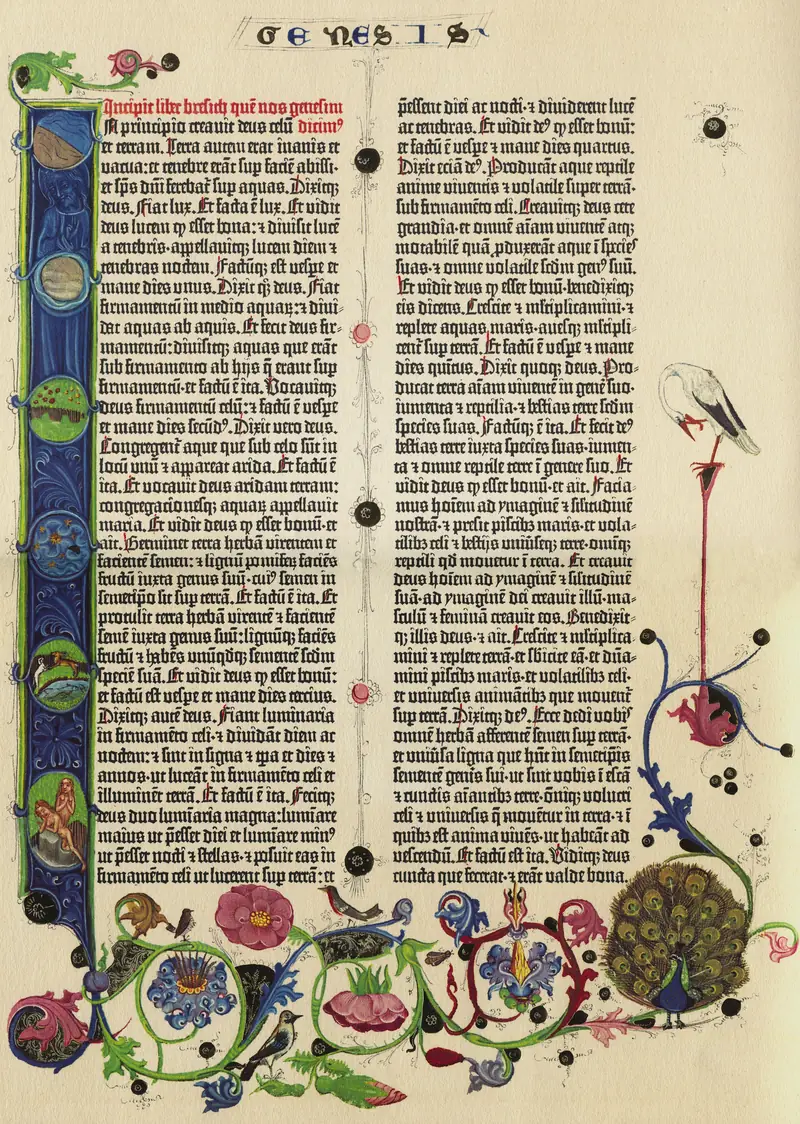 Première page de la Genèse dans la Bible de Gutenberg : deux colonnes de texte latin en caractères gothiques, avec une lettrine et une bordure enluminées.