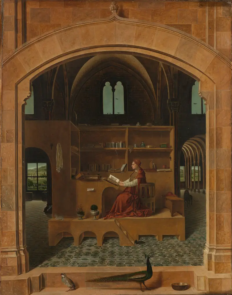 Peinture : sous une grande arcade de pierre, un homme en robe rouge est assis à un pupitre de bois couvert de livres et lit, seul, dans une salle claire.